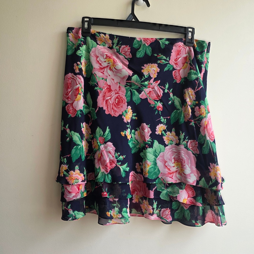 Lauren Ralph Lauren‎ Vintage 100% Silk Floral Tiered Ruffle Skirt Navy Pink 16